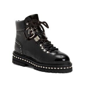 LOLA CRUZ Black Patent Leather Lace Up Booties